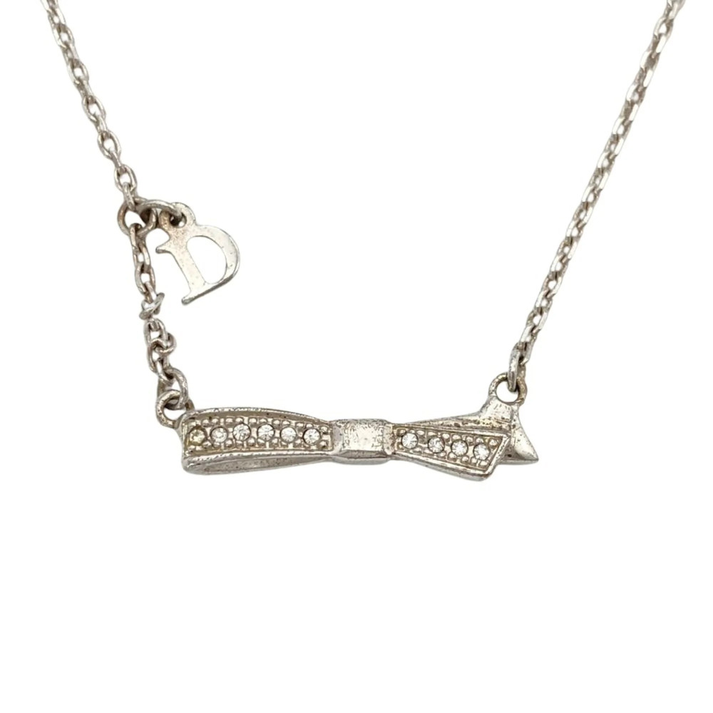Christian Dior Dior Ribbon Motif Logo Charm Necklace, Metal, Silver, Women's